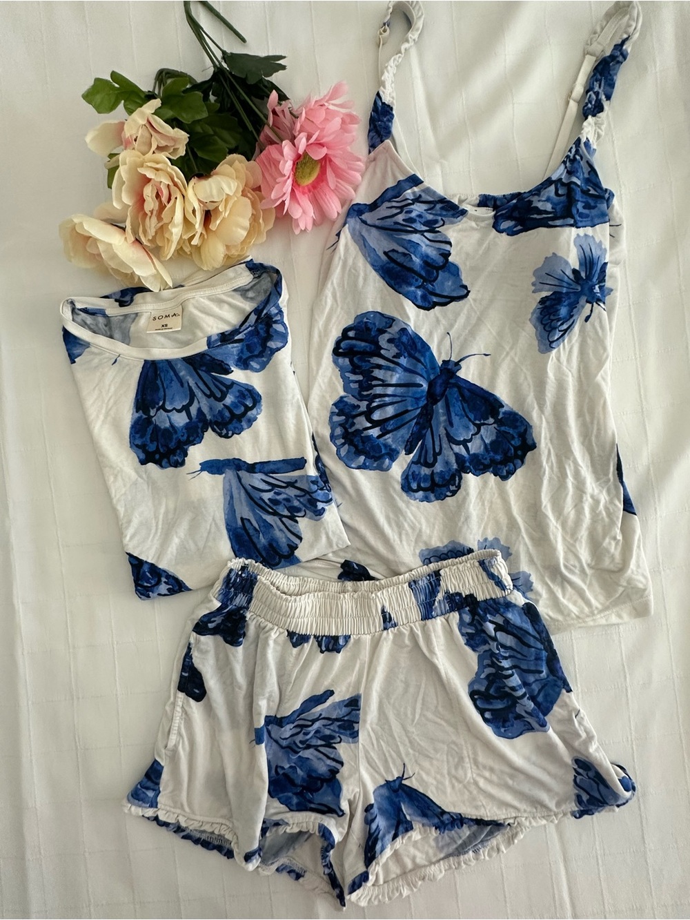 Soma White & Blue Butterfly Print Pajama Tank, Tee & Shorts Set